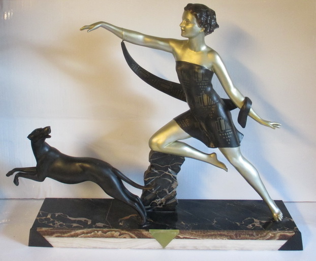 art deco statue young lady with a greyhound