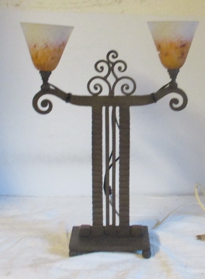 art deco wrought iron tablelamp 2 Schneider shades