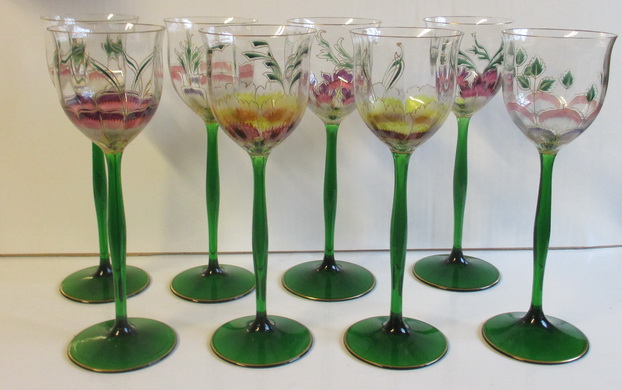 art nouveau enamelled wineglasses Theresienthal Glass
